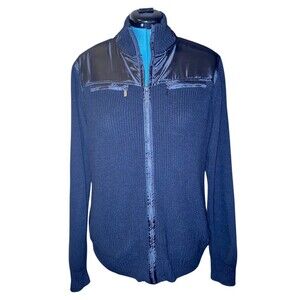 Guess Sweater Jacket Womens Large Black Knit Vinyl Top Zip Up Preppy Bomber